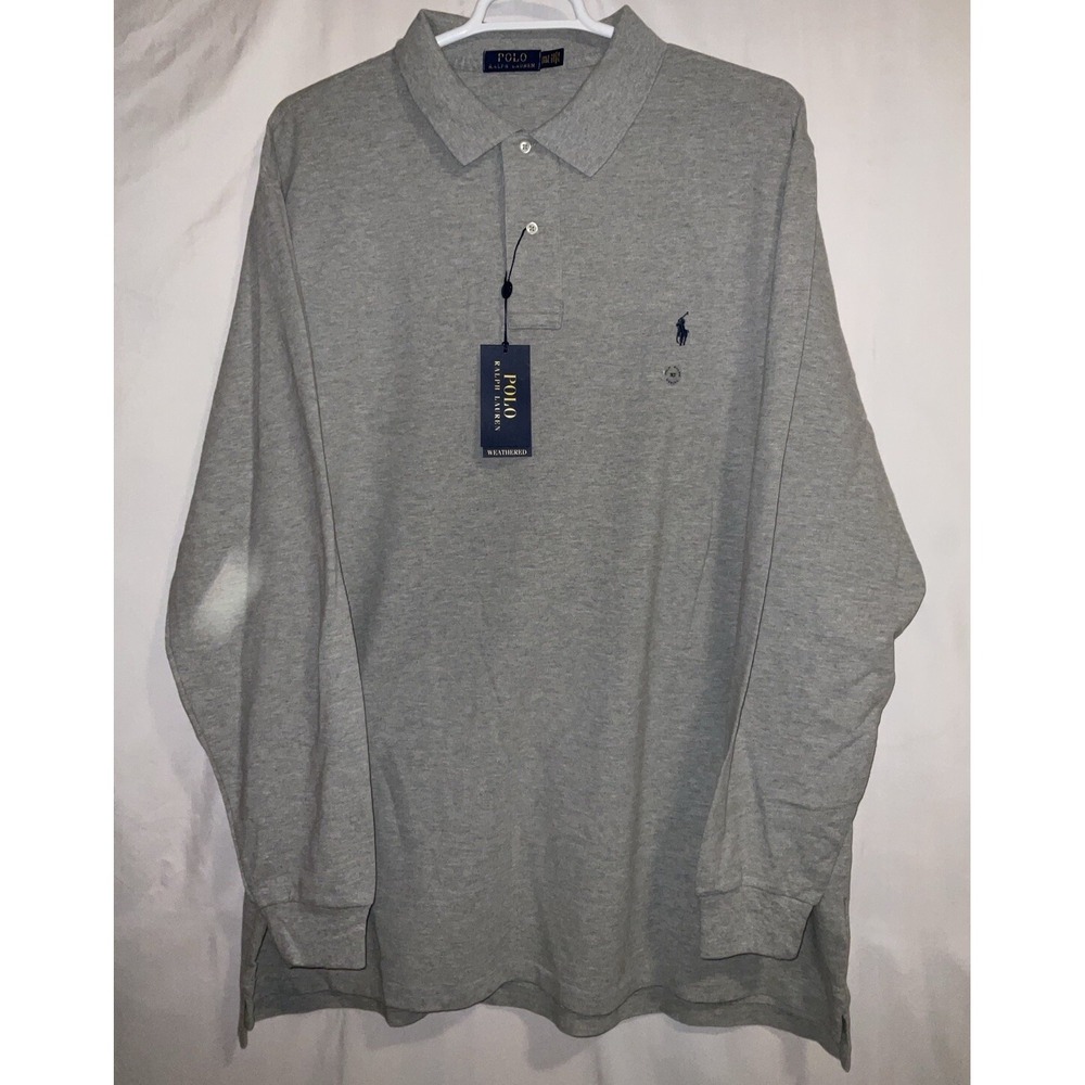 NWT‎ Men's Polo Ralph Lauren Long Sleeve Polo Shirt Gray Heather Navy Pony 3XLT